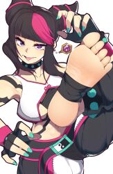 Rule 34 | 1girl, aqua nails, bare shoulders, black choker, black gloves, black hair, blunt bangs, bracelet, choker, collarbone, commentary request, cone hair bun, feet, fingerless gloves, fingernails, foot focus, gloves, hair bun, hair horns, han juri, highres, jewelry, mituyota 76, multicolored hair, nail polish, no shoes, open mouth, pink hair, purple eyes, simple background, sleeveless, soles, solo, spiked anklet, spiked bracelet, spiked choker, spikes, stirrup legwear, street fighter, street fighter 6, toeless legwear, toes, white background