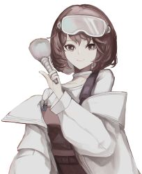 Rule 34 | 1girl, absurdres, apron, arknights, brown apron, brown eyes, brown hair, choker, closed mouth, coat, collarbone, goggles, goggles on head, highres, holding, index finger raised, kajuu, looking at viewer, makeup brush, off shoulder, open clothes, open coat, roberta (arknights), shirt, short hair, simple background, smile, solo, upper body, white background, white choker, white coat, white shirt