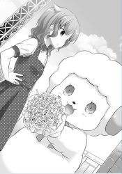 Rule 34 | 10s, 1girl, :&lt;, :3, :d, amagi brilliant park, arm at side, blush, bouquet, buttons, closed mouth, cloud, cloudy sky, creature, dress, dutch angle, fang, flower, greyscale, hand on own hip, holding, holding bouquet, looking at viewer, macaron (amaburi), monochrome, nakajima yuka, open mouth, outdoors, pinafore dress, polka dot, polka dot dress, rose, short hair, short sleeves, sky, sleeveless dress, smile, spoilers, wavy hair