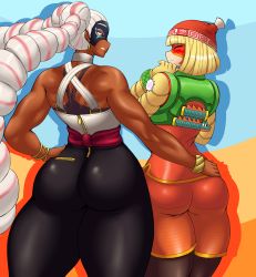 Rule 34 | 2girls, absurdres, arms (game), ass, back, bare shoulders, black leggings, blonde hair, blue background, blue eyes, bracelet, closed eyes, cowboy shot, dark-skinned female, dark skin, domino mask, drill hair, from behind, hand on own hip, hat, highres, jewelry, kyelyn, leggings, long hair, mask, min min (arms), multicolored hair, multiple girls, orange background, pink hair, short hair, shorts, silver hair, smile, thick thighs, thighs, twin drills, twintelle (arms), two-tone hair, vest