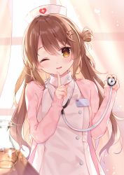 Rule 34 | 1girl, ;d, blurry, blurry foreground, blush, breasts, chihiro (khorosho), commentary request, cross, curtains, depth of field, dress, hair between eyes, hair ornament, hairclip, hat, head tilt, heart, highres, holding, jacket, jug (bottle), long hair, long sleeves, nurse, nurse cap, one eye closed, one side up, open clothes, open jacket, open mouth, original, parted lips, pink dress, pink jacket, sleeves past wrists, small breasts, smile, solo, stethoscope, transparent, upper body, very long hair, white hat, window