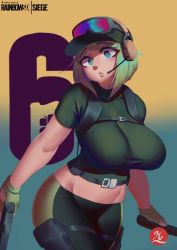 Rule 34 | 1girl, artist request, backpack, bag, blush, breasts, crop top, ela (rainbow six siege), freckles, gloves, green hair, gun, hat, headphones, holster, large breasts, legs, open mouth, rainbow six siege, short hair, simple background, solo, tan, thick thighs, thighs, ubisoft, weapon