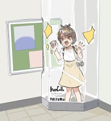 Rule 34 | 1girl, against glass, brown eyes, brown hair, brown skirt, camera, commentary request, encasement, in container, infini, kantai collection, official alternate costume, ponytail, sailor collar, shikinami (kancolle), short hair, skirt, solo, white sailor collar