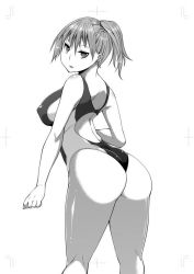 Rule 34 | 1girl, ass, asymmetrical hair, bare shoulders, blush, breasts, competition swimsuit, covered erect nipples, creatures (company), game freak, gen 1 pokemon, gym leader, highleg, highleg swimsuit, knees, large breasts, legs, lips, looking at viewer, looking back, misty (pokemon), monochrome, nintendo, one-piece swimsuit, open clothes, pokemon, pokemon rgby, ponytail, puffy areolae, satsuki imonet, shiny skin, short hair, side ponytail, simple background, solo, spread legs, swimsuit, thighs, wide hips