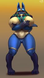 Rule 34 | 1girl, absurdres, areola slip, blush, breasts, cleft of venus, covering nipples, covering privates, creatures (company), egyptian clothes, female focus, full body, furry, furry female, game freak, gen 4 pokemon, gipehtyboo, highres, huge breasts, looking at viewer, lucario, lucario (ruins), nintendo, nipple slip, nipples, no panties, pokemon, pokemon unite, pussy, solo, thick thighs, thighs