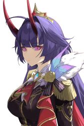 Rule 34 | ahoge, breasts, closed mouth, commentary, commentary typo, crown, english commentary, eyeliner, highres, honkai (series), honkai impact 3rd, horns, large breasts, long hair, official alternate costume, oni horns, pink eyes, prince, purple hair, raiden mei, raiden mei (herrscher of thunder), red eyeliner, red horns, red pupils, simple background, tutou jiang, upper body, white background