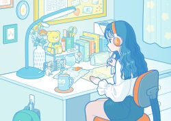 Rule 34 | 1girl, apple, backpack, bag, blue eyes, book, chair, clock, coffee mug, commentary, cup, dahlia, daisy, digital media player, drawer, egg, flower, food, fruit, headphones, highres, holding, holding pencil, lamp, long hair, mechanical pencil, mug, office chair, onigiri, original, pencil, pencil case, picture frame, red flower, ruler, scissors, smile, stationery, studying, stuffed animal, stuffed toy, swivel chair, teddy bear, white flower, yellow flower, yoshimon