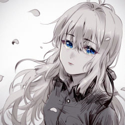Rule 34 | 1girl, black ribbon, blonde hair, blue eyes, chinese commentary, closed mouth, collar, collared shirt, commentary request, eyes visible through hair, from above, grey background, hair between eyes, hair ribbon, lips, long hair, looking at viewer, military, military uniform, monochrome, petals, ribbon, shirt, simple background, solo, spirit (624793092), torn clothes, torn shirt, uniform, violet evergarden, violet evergarden (series)