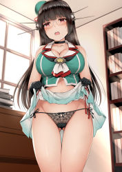 Rule 34 | 1girl, bare shoulders, black gloves, black hair, black panties, blush, bow, bow panties, breasts, cameltoe, choker, choukai (kancolle), choukai kai ni (kancolle), cleavage, collarbone, commentary request, cowboy shot, glasses, gloves, gluteal fold, groin, hair ornament, hat, headgear, indoors, kantai collection, kuromayu, large breasts, lifting own clothes, long hair, looking at viewer, open mouth, panties, pleated skirt, red eyes, rimless eyewear, side-tie panties, skirt, solo, string panties, thighs, underwear