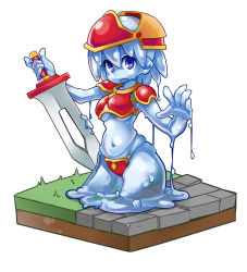 Rule 34 | 1girl, armor, blue eyes, blue hair, blue skin, colored skin, commentary request, dirt, dripping, fukumaaya, grass, helmet, holding, holding sword, holding weapon, looking at viewer, looking to the side, medium hair, monster girl, navel, no nose, open hand, open mouth, original, outstretched arms, red armor, shoulder pads, simple background, slime girl, solo, stone floor, sword, thick thighs, thighs, see-through body, weapon, white background