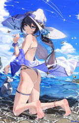 Rule 34 | 1girl, :q, absurdres, ass, barefoot, beach, bikini, black hair, breasts, contrail, day, food, genshin impact, green eyes, hat, highres, holding, holding clothes, holding food, holding footwear, kneeling, long hair, looking at viewer, medium breasts, mona (genshin impact), outdoors, ponytail holder, popsicle, rinne (ren rene 000), soles, solo, swept bangs, swimsuit, tassel, thigh strap, thighs, tongue, tongue out, twintails, water, wet, white bikini, white hat, witch hat