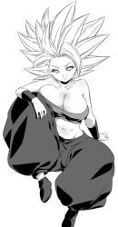 Rule 34 | 1girl, breasts, caulifla, dragon ball, dragon ball super, large breasts, looking at viewer, matching hair/eyes, monochrome, rom (20), sitting, smile, solo, spiked hair, super saiyan