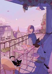 Rule 34 | 1girl, artist name, balcony, black cat, black footwear, black shorts, bow, brown hair, building, candle, cat, chair, cherry, closed eyes, cloud, collared shirt, computer, cup, dessert, drink, drinking straw, eiffel tower, flower, food, fork, fruit, laptop, light, long legs, long sleeves, moon, original, outdoors, pie, plant, plate, purple theme, railing, red bow, ronoh (jill), rug, shadow, shirt, shorts, sitting, sky, smile, solo, sweater, table
