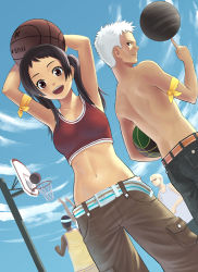 Rule 34 | 1girl, armband, armpits, arms up, ball, basketball, basketball (object), basketball hoop, belt, black hair, brown eyes, cloud, crop top, dark skin, day, dutch angle, k+, midriff, multiple balls, navel, open mouth, original, pants, sky, tank top, twintails, white hair
