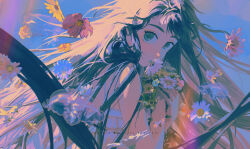 Rule 34 | 1girl, bare shoulders, black hair, blue sky, commentary, dress, emmmerald, floating, flower, highres, jellyfish, long hair, looking at viewer, original, purple theme, sky, solo, sundress, sunflower, symbol-only commentary, upper body