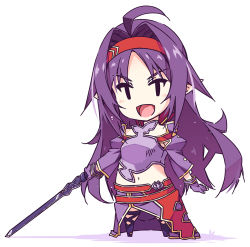 Rule 34 | 1girl, :d, ahoge, armor, black eyes, breastplate, chibi, detached sleeves, fingerless gloves, full body, gloves, hairband, holding, holding sword, holding weapon, long hair, midriff, navel, open mouth, parted bangs, pointy ears, purple armor, purple gloves, purple hair, red hairband, shikei, smile, solo, sword, sword art online, very long hair, weapon, white background, yuuki (sao)