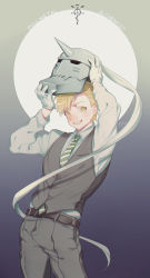 Rule 34 | 1boy, alphonse elric, arms up, belt, blonde hair, buttons, clenched teeth, collared shirt, copyright name, dark background, dress shirt, flamel symbol, formal, fullmetal alchemist, gloves, gradient background, green necktie, grey background, grey pants, grey vest, happy, helmet, holding, holding helmet, lips, long sleeves, looking at viewer, male focus, motakokun, necktie, pants, shaded face, shirt, shirt tucked in, signature, simple background, smile, solo, standing, striped, striped necktie, teeth, upper body, vest, waistcoat, white gloves, white necktie, white shirt, yellow eyes