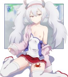 Rule 34 | 1girl, absurdres, accidental exposure, animal ears, azur lane, boots, breast slip, breasts, camisole, crab, fake animal ears, hairband, headgear, highres, keihh, laffey (azur lane), nipples, off shoulder, one breast out, pleated skirt, rabbit ears, red eyes, red skirt, skirt, small breasts, solo, thigh boots, thighhighs, twintails, wardrobe malfunction, white hair, white thighhighs