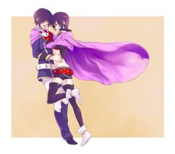 Rule 34 | 1boy, 1girl, belt, black hair, boots, brother and sister, brown background, cape, elbow gloves, frills, gloves, leon magnus, midriff, open mouth, pants, purple eyes, rutee katrea, shoes, short hair, short shorts, shorts, siblings, smile, tales of (series), tales of destiny, thighhighs