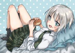 Rule 34 | 1girl, aoba moca, bad id, bad pixiv id, bang dream!, black socks, bread, commentary, eating, food, food on face, green eyes, highres, kneehighs, looking at viewer, lying, necktie, no shoes, on back, patterned background, pillow, plaid, plaid skirt, pleated skirt, polka dot, polka dot background, riakosan, school uniform, short hair, silver hair, skirt, socks, solo