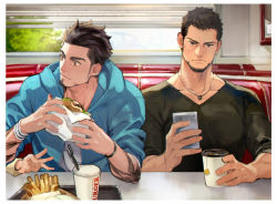 Rule 34 | 2boys, arm tattoo, beard, black hair, black shirt, blue eyes, brown eyes, burger, chips (food), coffee, coffee cup, cor leonis, cup, disposable cup, drink, drinking straw, eating, facial hair, final fantasy, final fantasy xv, food, gladiolus amicitia, holding, holding food, holding phone, hood, hood down, hooded jacket, jacket, jewelry, looking at phone, male focus, multiple boys, necklace, open clothes, open jacket, phone, shirt, short hair, sideburns, sitting, sleeves rolled up, snack, tattoo, undercut, white shirt, wristband, yuzukarin