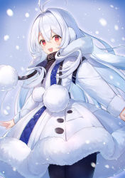 Rule 34 | 1girl, :d, antenna hair, argyle, arm belt, azur lane, belt collar, black pantyhose, blush, buttons, coat, coat dress, collar, commentary request, cowboy shot, earmuffs, fur-trimmed coat, fur-trimmed sleeves, fur collar, fur trim, gemini (feng), hair between eyes, hair intakes, high collar, long hair, long sleeves, looking at viewer, open clothes, open coat, open mouth, outdoors, pantyhose, partially unzipped, pom pom (clothes), red eyes, sleeve cuffs, smile, snowflakes, snowing, solo, stremitelny (azur lane), turtleneck, white coat, white hair, winter, winter clothes