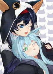 Rule 34 | 2girls, ;d, absurdres, animal ear fluff, animal ears, animal hood, ao oni (onioni-aoi), arknights, black hair, black jacket, blaze (arknights), blue eyes, blue hair, blush, cat day, cat ears, cat hood, commentary request, eyebrows hidden by hair, fake animal ears, fingernails, green eyes, grey background, hairband, highres, hood, hood up, hooded jacket, jacket, long hair, long sleeves, multiple girls, official alternate costume, one eye closed, open mouth, puffy long sleeves, puffy sleeves, red hairband, rosmontis (arknights), sleeves past wrists, smile, tongue, tongue out, white background