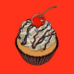 Rule 34 | cherry, cupcake, dessert, food, food focus, fruit, icing, minillustration, no humans, original, red background, shadow, simple background, sprinkles