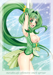 Rule 34 | 10s, 1girl, armpits, arms up, bad id, bad pixiv id, bottomless, breasts, breasts out, cure march, green eyes, green hair, green theme, itachou, long hair, magical girl, medium breasts, midorikawa nao, nipples, open mouth, ponytail, precure, smile precure!, solo, tiara, very long hair