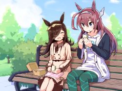 Rule 34 | 2girls, ahoge, animal ears, bench, blue eyes, blush, brown dress, brown hair, bush, casual, chipushishi, closed eyes, cloud, collared dress, commentary request, day, dress, eating, feet out of frame, food, green pants, hair over one eye, hairband, highres, holding, holding food, hood, hoodie, horse ears, jacket, long hair, mihono bourbon (umamusume), multiple girls, open clothes, open jacket, open mouth, outdoors, pants, picnic basket, rice shower (umamusume), sandwich, sitting, smile, tree, umamusume