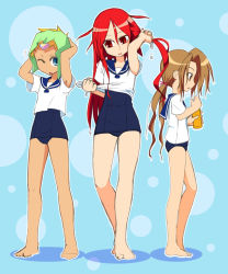 Rule 34 | 00s, 3girls, barefoot, blonde hair, blue background, blue eyes, brown eyes, brown hair, chat (tales), fujibayashi suzu, long hair, multiple girls, one eye closed, open mouth, ponytail, red eyes, red hair, rommy, school uniform, short hair, swimsuit, tales of (series), tales of eternia, tales of phantasia, tales of the tempest, towel, wink