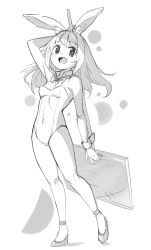Rule 34 | 1girl, :d, animal ear fluff, animal ears, arm behind head, arm up, bare shoulders, blush, bow, bowtie, breasts, covered navel, detached collar, full body, greyscale, high heels, highres, holding, holding sign, leotard, looking at viewer, monochrome, open mouth, original, rabbit ears, saiste, shadow, shoes, sign, small breasts, smile, solo, standing, standing on one leg, strapless, strapless leotard, white background, wing collar, wrist cuffs
