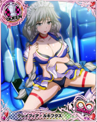 Rule 34 | 1girl, black panties, blue bow, bow, braid, breasts, card (medium), cheerleader, chess piece, cleavage, clothes lift, female focus, grayfia lucifuge, grey eyes, grey hair, hair bow, high school dxd, large breasts, long hair, looking at viewer, maid headdress, matching hair/eyes, mature female, official art, panties, queen (chess), red lips, sitting, skirt, skirt lift, smile, solo, twin braids, underwear