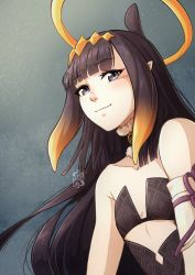 Rule 34 | 1girl, black hair, blunt bangs, collarbone, commentary, detached sleeves, english commentary, flat chest, fur choker, halo, hololive, hololive english, iskaydi, light smile, long hair, looking down, ninomae ina&#039;nis, ninomae ina&#039;nis (1st costume), point years, pointy ears, single detached sleeve, smile, solo, virtual youtuber