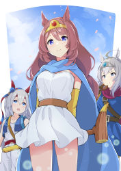 Rule 34 | 3girls, :t, ahoge, animal ears, belt, black belt, blue cape, blue dress, blue eyes, blue jacket, blue sky, braid, brown hair, cape, closed mouth, cloud, cloudy sky, commentary, day, doughnut, dress, ear ornament, eating, elbow gloves, fantasy, food, gloves, grey headwear, hair ribbon, highres, holding, holding food, holding staff, horse ears, horse girl, jacket, jumpsuit, long hair, looking at another, looking at viewer, multiple girls, oguri cap (umamusume), open mouth, outdoors, petals, purple cape, red ribbon, ribbon, sam browne belt, shiromaru illust, short dress, silver hair, sky, sleeveless jumpsuit, smile, staff, standing, super creek (umamusume), tamamo cross (umamusume), tiara, umamusume, white dress, white jumpsuit, wind, yellow gloves, yellow headwear