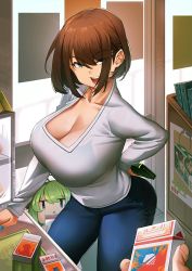 Rule 34 | 2girls, :d, ahoge, bag, blue eyes, blue nails, blue pants, bra visible through clothes, breasts, brown hair, cleavage, commentary request, counter, door, green eyes, green hair, hair between eyes, hand on own hip, handbag, holding, holding bag, large breasts, mature female, multiple girls, nail polish, open mouth, original, pants, shirt, short hair, sidelocks, smile, white shirt, window, zuoteng lucha