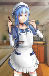 Rule 34 | 1girl, absurdres, apron, blue eyes, blue hair, brown choker, center frills, choker, frills, gem, hat, highres, indoors, ladle, long hair, looking at viewer, microwave, original, photo background, plant, potted plant, sidelocks, sketch, smile, solo, wengcang hefeng, white hat, white legwear, wooden floor