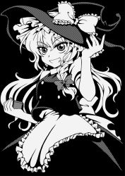 Rule 34 | 1girl, bow, braid, female focus, greyscale, grin, hair bow, hat, highres, kirisame marisa, long hair, macaroni and cheese (artist), monochrome, skirt, smile, solo, touhou, witch, witch hat