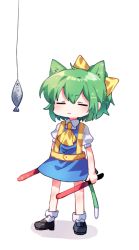 Rule 34 | 1girl, animal ears, ascot, black footwear, blouse, blue dress, bow, cat ears, cat tail, closed eyes, closed mouth, commentary, cookie (touhou), daiyousei, diyusi (cookie), dress, dual wielding, fish, fishing line, full body, green hair, hair bow, holding, kemonomimi mode, medium hair, pinafore dress, ponytail, puffy short sleeves, puffy sleeves, shirt, shoes, short sleeves, simple background, sleeveless dress, socks, solo, standing, symbol-only commentary, tail, touhou, traffic baton, white background, white shirt, white socks, xox xxxxxx, yellow ascot, yellow bow
