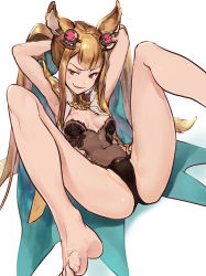 Rule 34 | 10s, 1girl, animal ears, armpits, arms behind head, barefoot, blonde hair, breasts, brown eyes, cat ears, cleavage, erune, feet, granblue fantasy, grin, hair lift, hair ornament, highres, leotard, lips, long hair, looking away, looking to the side, metera (granblue fantasy), mole, mole under mouth, navel, partially visible vulva, sekisei, semein 0125, simple background, small breasts, smile, solo, spread legs, toenails, toes, tori no namae, twintails, white background