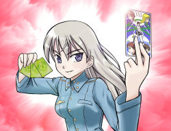 Rule 34 | 1girl, bad id, bad pixiv id, blonde hair, blue eyes, card, eila ilmatar juutilainen, holding, holding card, long hair, military, military uniform, sayu, sayu (mio-mosa), smile, solo, strike witches, tarot, uniform, world witches series