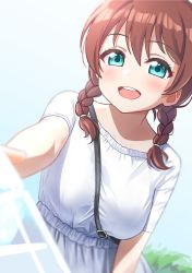 Rule 34 | 10s, 1girl, :d, between breasts, blue background, blue eyes, blush, braid, breasts, brown hair, deadnooodles, dutch angle, emma verde, grey skirt, hair between eyes, hair over shoulder, highres, large breasts, long hair, love live!, love live! nijigasaki high school idol club, love live! school idol festival, low twintails, open mouth, outstretched arm, shirt, short sleeves, skirt, smile, solo, strap between breasts, transparent, twin braids, twintails, white shirt