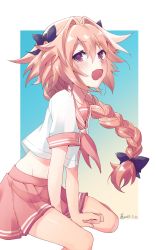 Rule 34 | 1boy, astolfo (fate), astolfo (sailor paladin) (fate), black bow, bow, braid, eyebrows, fate/apocrypha, fate/grand order, fate (series), hair intakes, highres, long braid, long hair, looking at viewer, male focus, meron fly, midriff, multicolored hair, navel, neckerchief, official alternate costume, open mouth, pink hair, pink skirt, pleated skirt, purple eyes, red sailor collar, sailor collar, school uniform, serafuku, shirt, short sleeves, signature, simple background, single braid, skirt, solo, streaked hair, trap, white hair, white legwear, white shirt