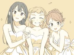 Rule 34 | 3girls, ^ ^, absurdres, blush, breasts, cleavage, closed eyes, commentary request, dress, earrings, grin, highres, hojo karen, holding person, idolmaster, idolmaster cinderella girls, jewelry, kamiya nao, looking at viewer, monochrome, multiple girls, off-shoulder dress, off shoulder, partially colored, shibuya rin, shikariyo, smile, thick eyebrows, triad primus (idolmaster), upper body