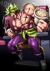 Rule 34 | 1boy, abs, blank eyes, broly (dragon ball super), clenched teeth, cup, disposable cup, dragon ball, dragon ball super, dragon ball super broly, drinking straw, food, green hair, highres, male focus, movie theater, muscular, muscular male, open mouth, pants, parody, pectorals, popcorn, purple pants, red eyes, ryuusei (mark ii), scar, scar on chest, seat, signature, sitting, solo, spiked hair, spilling, super saiyan, teeth, topless male, waist cape, wide-eyed