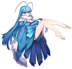 Rule 34 | 1girl, antenna hair, bad id, bad twitter id, bare legs, barefoot, blue eyes, blue theme, breasts, cleavage, creatures (company), full body, game freak, gen 3 pokemon, japanese clothes, katagiri hachigou, large breasts, legs, long hair, looking at viewer, nintendo, personification, pokemon, sidelocks, simple background, sleeves past wrists, smile, solo, swablu, very long hair, white background
