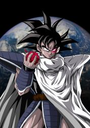 1boy black_background black_eyes black_hair cape closed_mouth dragon_ball dragon_ball_z:_the_tree_of_might dragonball_z earth_(planet) food fruit highres holding holding_food holding_fruit kamishima_kanon looking_at_viewer monkey_tail muscular planet saiyan saiyan_armor scouter smile smirk tail tail_around_waist tullece white_cape