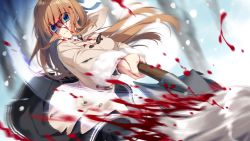 Rule 34 | 1girl, black skirt, blood, blood in hair, blood on face, blue eyes, blurry, blurry background, brown hair, butterfly seeker, coat, floating hair, game cg, hatori piyoko, holding, holding shovel, holding weapon, long hair, long sleeves, looking at viewer, miniskirt, motion blur, shovel, skirt, solo focus, straight hair, tendou yui, very long hair, weapon