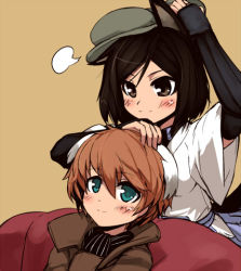 Rule 34 | 2girls, animal ears, brown eyes, brown hair, green eyes, hat, isabelle du monceau de bergendal, japanese clothes, kuroda kunika, lowres, military, military uniform, multiple girls, noble witches, null (nyanpyoun), orange hair, smile, strike witches, uniform, world witches series