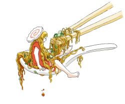 Rule 34 | 1girl, arm support, barefoot, chopsticks, dress, food, food focus, full body, highres, kamaboko, long hair, looking to the side, marui michi, narutomaki, noodles, original, ramen, red dress, sitting, solo, spoon, spring onion